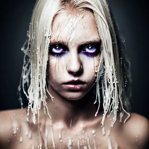 Image similar to A gorgeous blonde, grungy, unkept hair, glowing eyes, modelsociety, wet from rain, radiant skin, huge anime eyes, bright on black, dramatic, studio lighting, perfect face, intricate, Sony a7R IV, symmetric balance, polarizing filter, Photolab, Lightroom, 4K, Dolby Vision, Photography Award