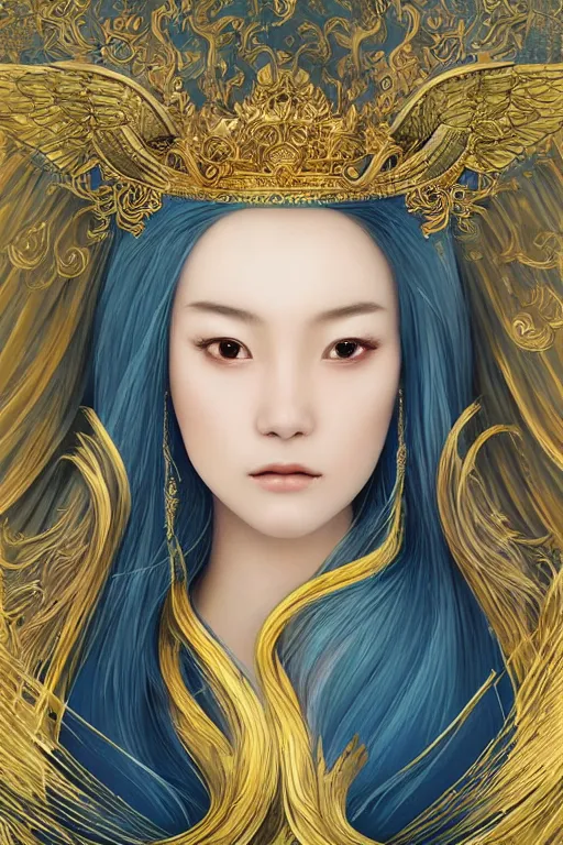 Image similar to a beautiful young Asian woman, Queen of the Sea Mu Yanling, long flowing white hair, blue and yellow robe that resembles floating wings, water flowing and floating around, young female face, liquid magic, cinematic top lighting, insanely detailed and intricate, face by wlop, Charlie Bowater, golden ratio, symmetrical proportions, elegant, ornate, luxury, elite, matte painting, MTG, magic the gathering, trending on artstation, cinematic, cgsociety, 8k, high resolution,