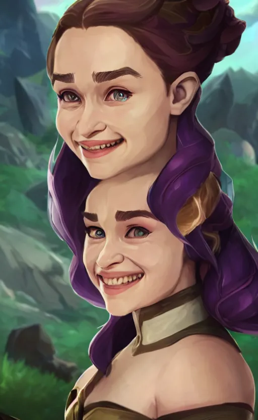 Image similar to Emilia Clarke as a character in the game League of Legends, with a background based on the game League of Legends, smiling, detailed face, old 3d graphics