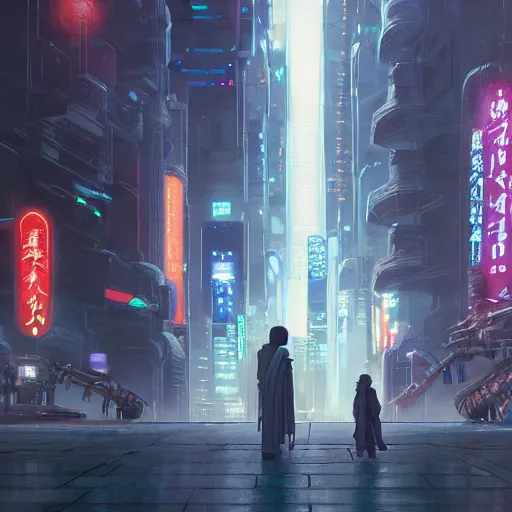 Image similar to Jedi in future japan at night, concept art, fine details, studio ghibli, cinematic lighting, ghost-in-the-shell, cyberpunk,sci-fi, fantasy, intricate, elegant, highly detailed, digital painting, trending on artstation, concept art, smooth, sharp focus, illustration, by james gurney and greg rutkowski