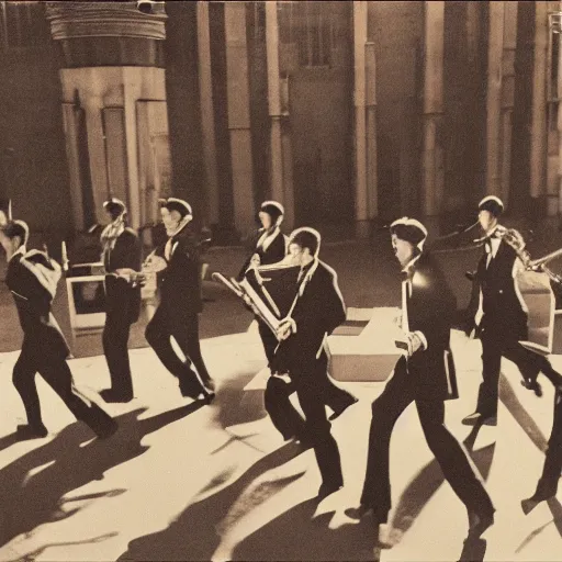 Image similar to jazz band on the run, citizen kane movie, 8 k higly detailed cinematic lighting, moma museum