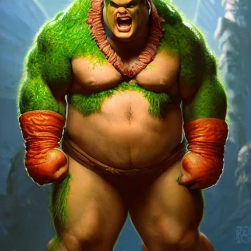 Prompt: chris farley as blanka from street fighter with green skin and orange body hair, flexing, ultra realistic, concept art, intricate details, eerie, highly detailed, photorealistic, octane render, 8 k, unreal engine. art by artgerm and greg rutkowski and magali villeneuve and alphonse mucha