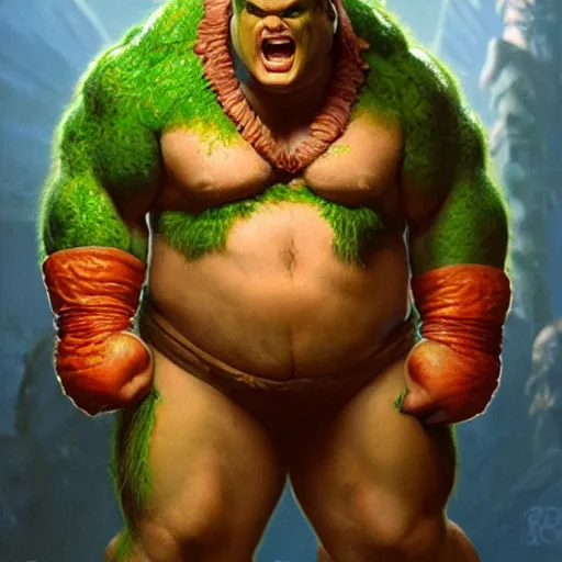 Image similar to chris farley as blanka from street fighter with green skin and orange body hair, flexing, ultra realistic, concept art, intricate details, eerie, highly detailed, photorealistic, octane render, 8 k, unreal engine. art by artgerm and greg rutkowski and magali villeneuve and alphonse mucha