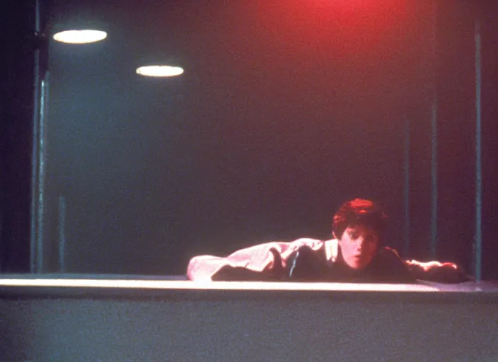 Image similar to a still from the breakfast club ( 1 9 8 5 ) of a man lifelessly floating 9 feet above the ground at night, illuminated by a single red light