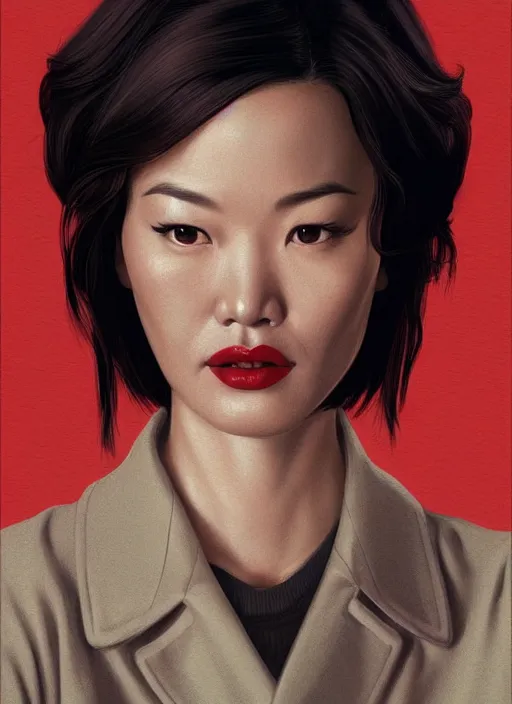 Image similar to twin peaks movie poster art, portrait of shu qi, from scene from twin peaks, clean, simple illustration, nostalgic, domestic, highly detailed, digital painting, artstation, concept art, smooth, sharp focus, illustration, artgerm, donato giancola, joseph christian leyendecker, wlop