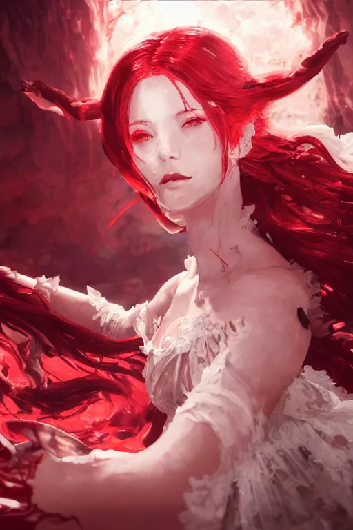 Prompt: highly detailed portrait of a demon princess dancing in hell, wavy vibrant red hair, white lace dress, cinematic lighting, dramatic atmosphere, by Dustin Nguyen, Akihiko Yoshida, Greg Tocchini, Greg Rutkowski, Cliff Chiang, 4k resolution, nier:automata inspired, bravely default inspired, dark cave hell background