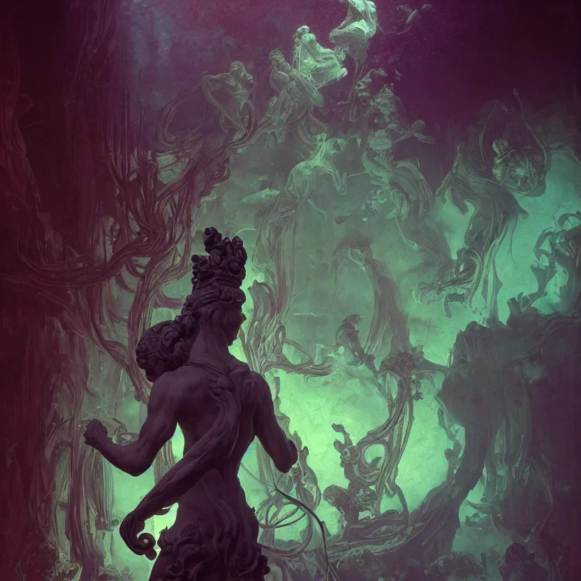 Prompt: a colorful glowing silhouette of a marble statue in underwater baroque neoclassicist sci - fi halls of creation. detailed textures. gloomy, dark black background. highly detailed fantasy science fiction painting by moebius, norman rockwell, frank frazetta, and syd mead. rich colors, high contrast. artstation