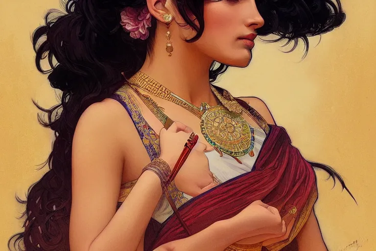 Image similar to sensual pale beautiful indian doctor in jeans, art deco portrait, elegant, intricate, digital painting, artstation, concept art, smooth, sharp focus, illustration, art by artgerm and greg rutkowski and alphonse mucha