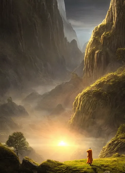 Image similar to a cosmic monk in lord of the rings scenery landscape, looking out at a lush valley, gigantic alien spacecraft in the sky, sunrise, god's rays, highly detailed, vivid color, cinematic lighting, perfect composition, 8 k, gustave dore, derek zabrocki, greg rutkowski, belsinski, octane render