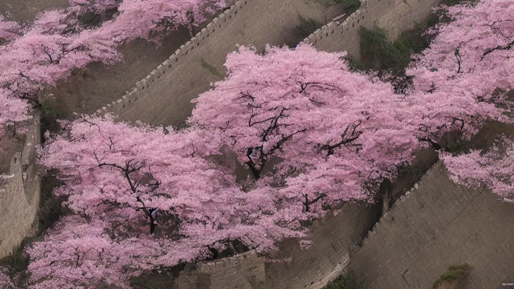 Image similar to arial view of pink cherry blossom trees growing in the great wall of china, andreas achenbach, artgerm, mikko lagerstedt, zack snyder, tokujin yoshioka