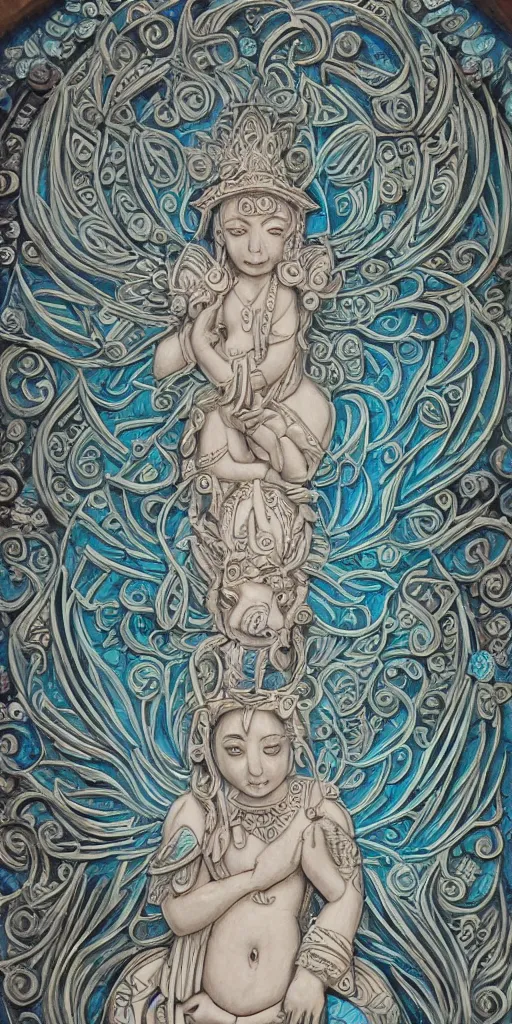 Prompt: intricate colourfully painted carved Soapstone relief paneling, white and pale blue , celestial, piggy, pig goddess, mother earth, Earth Goddess mythology, Gaia, angels, divinity, Ghostly, crystaline celtic, insanly detailed , artstation, wallpaper, hyper realistic, realistic lighting