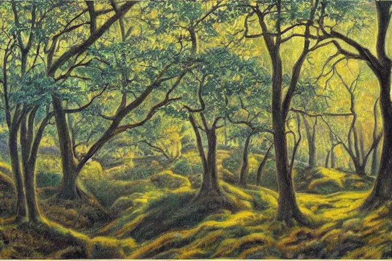 Image similar to masterpiece painting of oak trees on a hillside overlooking a creek, dramatic lighting, by kinuko craft