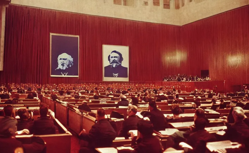 Image similar to 60s movie still of a stalinist style sovietic parlement with a giant portrait of Karl Marx, by Irving Penn , cinestill 800t 35mm eastmancolor, heavy grainy picture, very detailed, high quality, 4k, HD criterion, precise texture, panoramic, cinematic