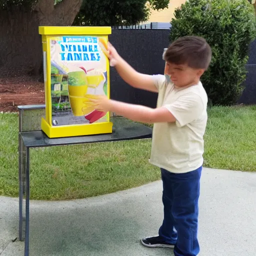 Image similar to a man pushing over a kid's lemonade stand