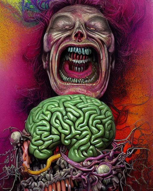 Prompt: Haunting horrifying hyperrealistic detailed portrait painting of a brain with human eyes and teeth with a big grinning smile, looking happy, vibrant feel, bursts of color, color ink explosion, beautiful spectrum of vibrancy, flowers falling from the sky heavy metal, disgusting, creepy, unsettling, in the style of Michael Whelan and Zdzisław Beksiński, hyper detailed, trending on Artstation