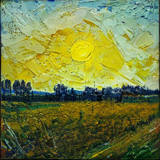 Image similar to oil paint impasto relief, beautiful evening view of an oilseed field, evening, multi layered thick brush marks, some splattered paint, in the style of ivan shishkin and frank auerbach and van gogh