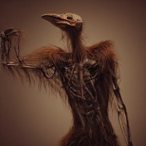 Prompt: a haunting human bird creature with broken limbs, horrifying ultra detailed photograph with dramatic lighting and fur and hair and bones and nightmares