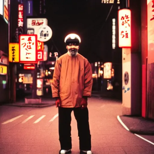 Image similar to old black man in tokyo at night, wearing ski goggles, cinestill 8 0 0,