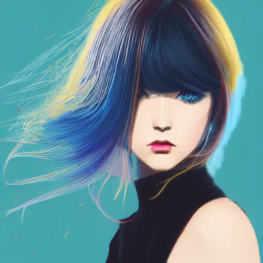 Prompt: ilya kuvshinov with long sky blue hair, gold eyes, amber eyes, boyish face, professional digital painting, black background, wild brush strokes, concept art, award - winning photography, cinematic, wlop, color block, yandere, pop, hip, art by andy warhol, pixiv art, yoshitaka amano