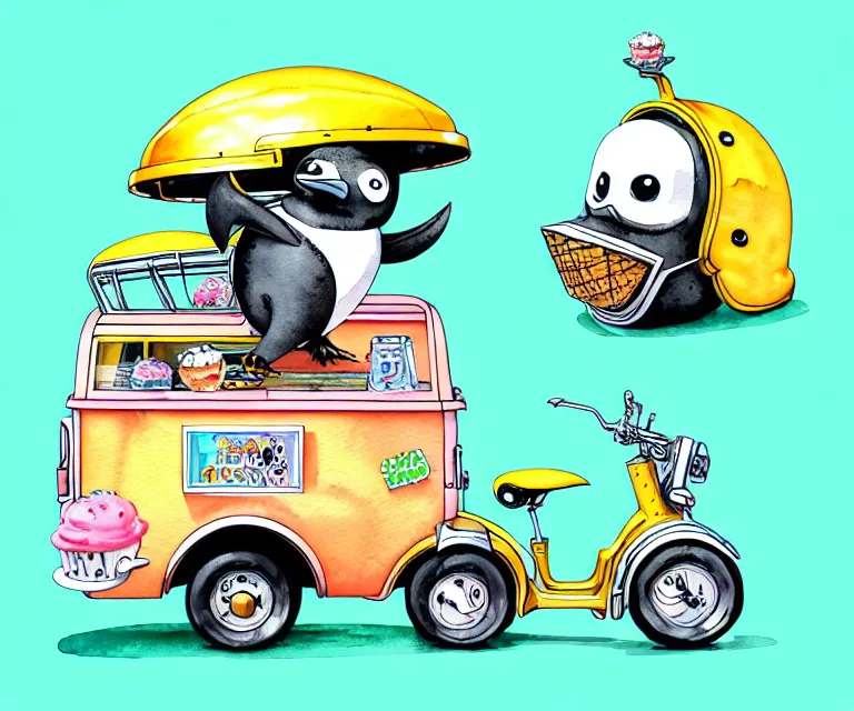 Prompt: cute and funny, penguin wearing a helmet riding in a tiny ice cream truck, ratfink style by ed roth, centered award winning watercolor pen illustration, isometric illustration by chihiro iwasaki, edited by craola, tiny details by artgerm and watercolor girl, symmetrically isometrically centered