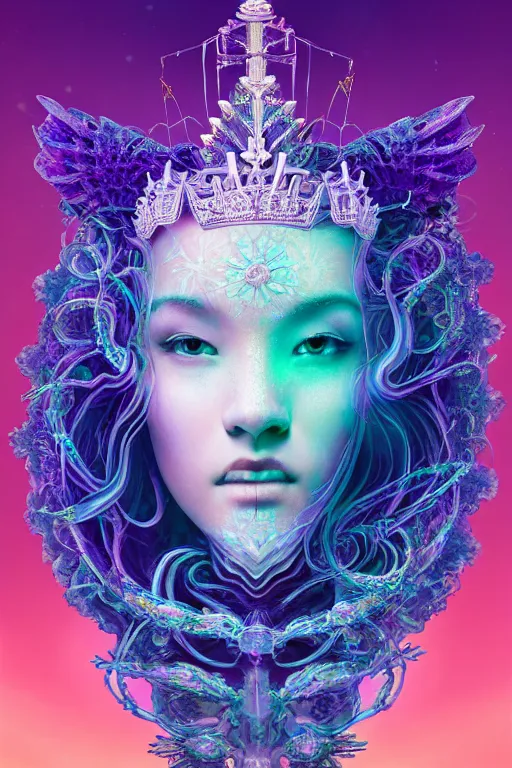 Image similar to goddess macro 3 / 4 profile portrait with crown made of ram skull. betta fish, jellyfish phoenix, bioluminiscent, plasma, ice, water, wind, creature, super intricate ornaments artwork by tooth wu and wlop and beeple and greg rutkowski