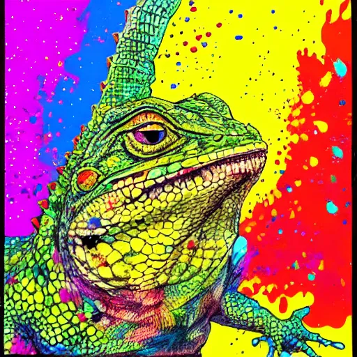 Image similar to Hillary Clinton lizard looking at brightly colored balloons, Ralph steadman, psychedelic, surreal, ink splatter, detailed, 4k