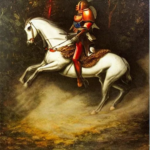 Image similar to seselj wearing shining knight's armor and riding a horse through a dark forest, highly detailed, oil painting