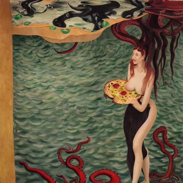 Image similar to tall female catgirl artist holding pizza in her flooded apartment, pomegranates, octopus, water gushing from ceiling, painting of flood waters inside an artist's apartment, a river flooding indoors, mushrooms, ikebana, zen, rapids, waterfall, black swans, canoe, berries, acrylic on canvas, surrealist, by magritte and monet