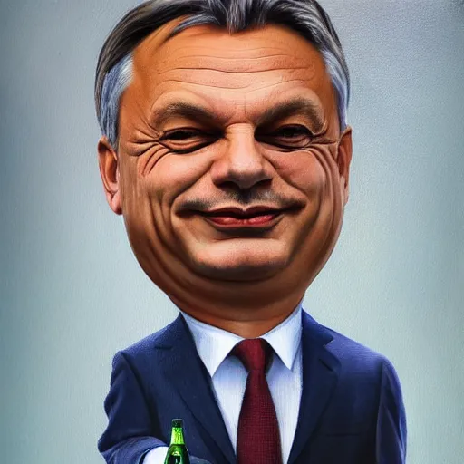 Image similar to viktor orban with a beer, anatomically correct, oil painting, hyper realistic, 8 k, highly detailed