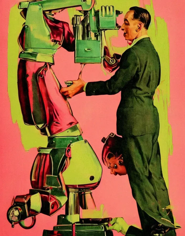 Image similar to a female housewife!!!! being hugged by a manly metal robot!!!! in a suit!!!, 1 9 5 0 s horror film movie poster style, ( norman rockwell oil painting ), close - up shot, tight shot, retro science fiction, vintage, saturated pink and green lighting, shadowy lighting