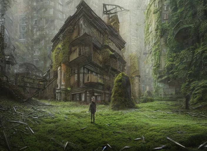 Image similar to detailed full body concept art illustration pastel painting of a moss covered building, ultra detailed, digital art, octane render, dystopian, micro detail 4k