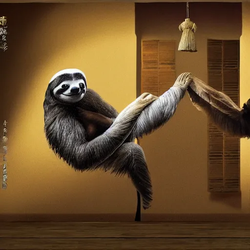 Prompt: painting of a sloth vs pigeon kung fu style in a dojo, facing each other, aggressive sloth vs a muscled pigeon, best photo award, high quality 8 k, cinematic lighting, painting by kusama, high detail, realism : 9 5 %