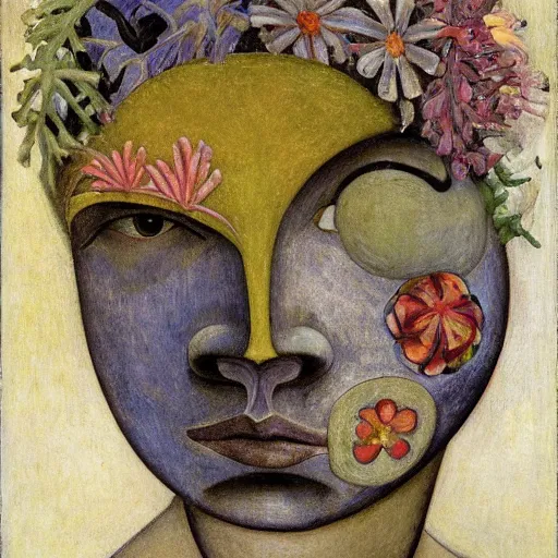 Image similar to facemask made of flowers, by annie swynnerton and jean delville and rufino tamayo and edward hopper and evelyn de morgan, art deco flower shaman, art brut, outsider art, symbolist, dramatic lighting, god rays, elaborate geometric ornament, clean crisp graphics, smooth sharp focus, extremely detailed, adolf wolfli