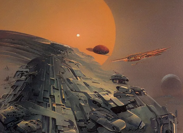 Prompt: ( ( ( ( ( dune 2 0 2 1 matte painting, sci - fi illustration, sci - fi environment, planets, desert scene, painting ) ) ) ) ) by vincent di fate and john berkey and ralph mcquarrie!!!!!!!