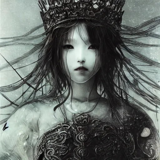 Prompt: yoshitaka amano blurred and dreamy artwork of a manga girl with black eyes, wavy white hair fluttering in the wind wearing elden ring armor and crown with engraving, highly detailed face, abstract black and white patterns on the background, noisy film grain effect, highly detailed, renaissance oil painting, weird portrait angle, blurred lost edges, three quarter view