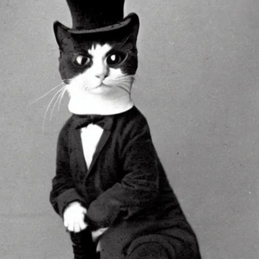 Prompt: a classy cat with a top hat and a cane, 1 8 9 0 vintage photo, old classic, archive