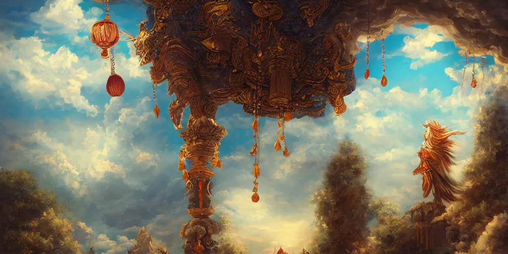 Prompt: painting of wind god enjoying the view from his ornate stone heavenly palace, decorated with windchimes and paper lanterns, nature and clouds in background, digital art, trending on artstation