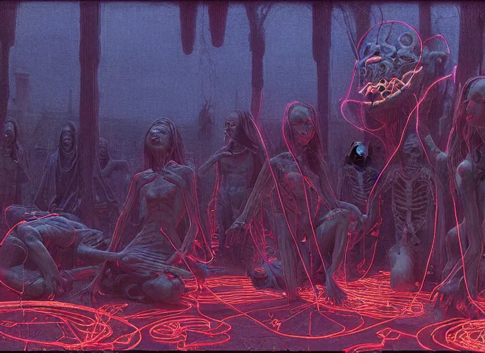 Image similar to satanic ritual, neon, they are watching, RGB, glowing wires everywhere, pristine, by Edgar Maxence and Ross Tran, Zdzisław Beksiński, and Michael Whelan, distant, gustav dore, H.R. Giger, 8k, octane render