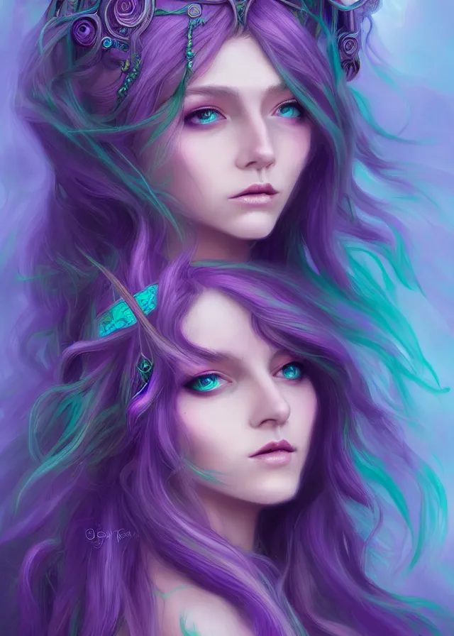 Prompt: fae teenage girl, portrait, face, long turquoise hair, purple highlights, fantasy, intricate, elegant, highly detailed, digital painting, concept art, smooth