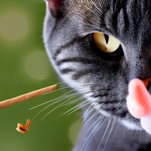 Image similar to a high detail closeup shot of a cat wearing a suit and smoking a cigar