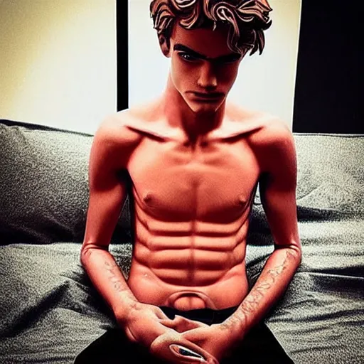 Image similar to “ a realistic detailed photo of a guy who is an attractive humanoid who is half robot and half humanoid, who is a male android, soccer player antoine griezmann, shiny skin, posing like a statue, blank stare, on the bed, on display ”