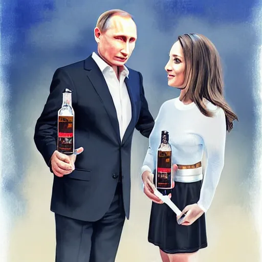 Prompt: vladimir putin wearing a mini skirt and holding a bottle of arak, cinematic, beautiful digital painting, hyper detailed