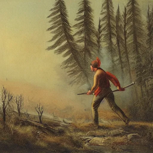 Prompt: hunter alone in the wilderness, running from forest fire, boreal forest, 19th century