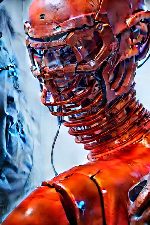 Image similar to hyperrealistic close-up graffiti exoskeleton! chinese man highly detailed concept art eric zener elson peter cinematic hard orange lighting high angle hd 8k sharp shallow depth of field