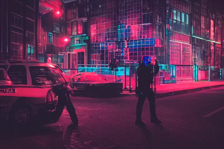 Prompt: photography of a hacker being arrested in amsterdam at night, cyberpunk, neon lights, frank miller, henri cartie bresson