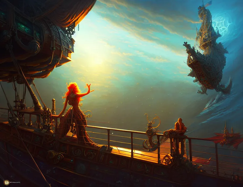 Prompt: standing upon the deck of the flying ship, d & d fantasy art, artstation contest winner, beautiful digital painting in the style of dan mumford, art by kev chan, volumetric lighting, intricate details, concept art, ultrarealistic, deep colors, cgsociety, by art germ, by gerald brom, by peter mohrbacher