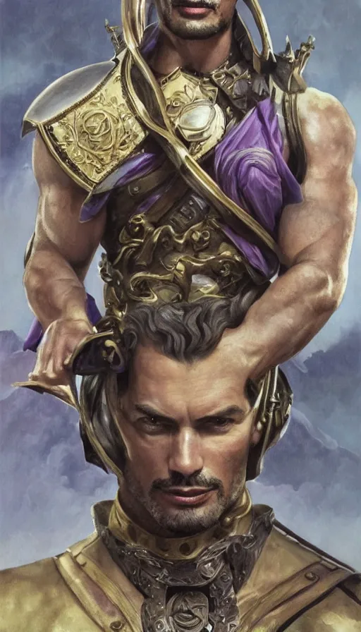 Image similar to david gandy, charming, in a town hall, rich viscount, fit, cunning, gold and purple, warhammer, lord of the rings, sweaty, intricate, highly detailed, digital painting, artstation, concept art, smooth, sharp focus, illustration, unreal engine 5, 8 k, art by artgerm and greg rutkowski and alphonse mucha