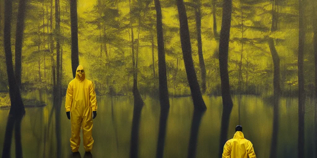 Image similar to a mysterious man in a yellow hazmat suit stands in a small lake with reflections in a detailed forest, painting, concept - art, rendering, octane, redshift, cinematic composition, volumetric lighting