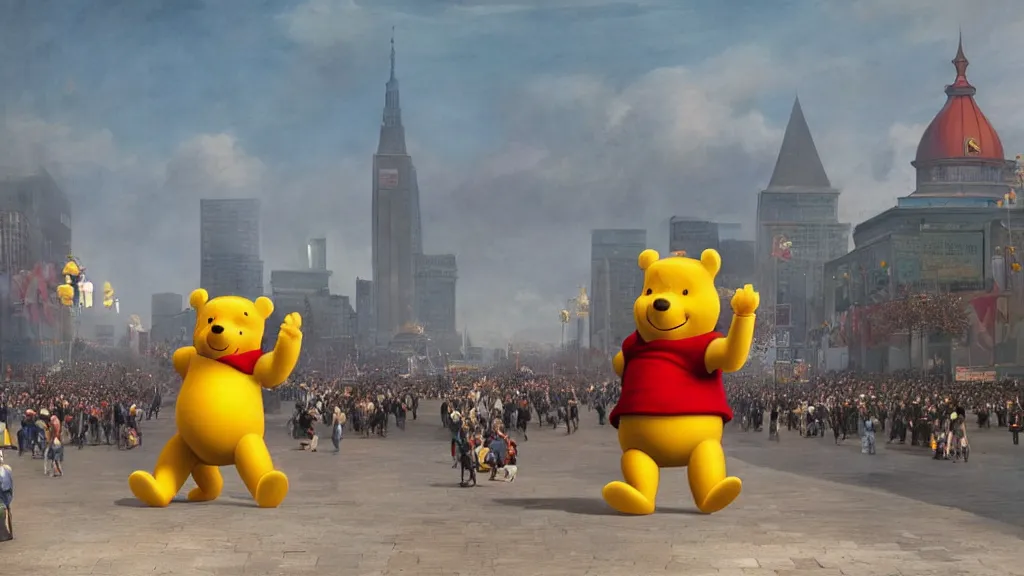 Image similar to giant winnie the pooh bear walking in the tiananmen square parade. andreas achenbach, artgerm, mikko lagerstedt, zack snyder, tokujin yoshioka