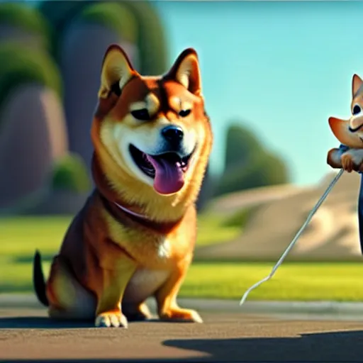 Prompt: weta disney pixar movie still photo of funny shiba inu with sign that says bonk : : by weta, greg rutkowski, wlop, ilya kuvshinov, rossdraws, artgerm, octane render, iridescent, bright morning, anime, liosh, mucha : :